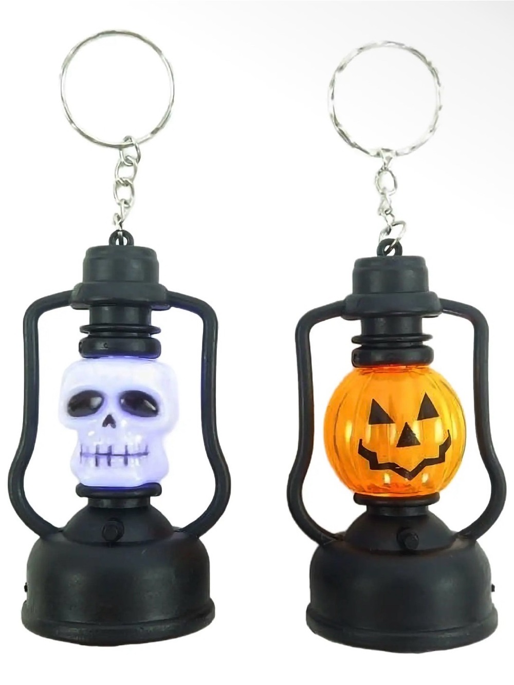 2pc Mini Halloween Skull Pumpkin Hand-Held LED Light-Up Lantern Keychain NEW
